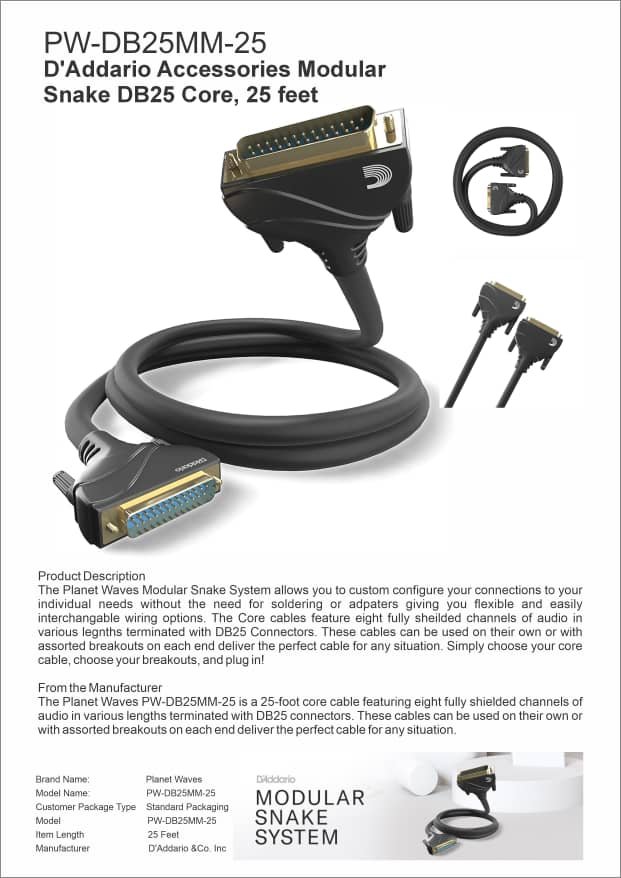 PW-DB25MM-25 D'Addario Accessories Modular Snake DB25 Core, 25 Feet