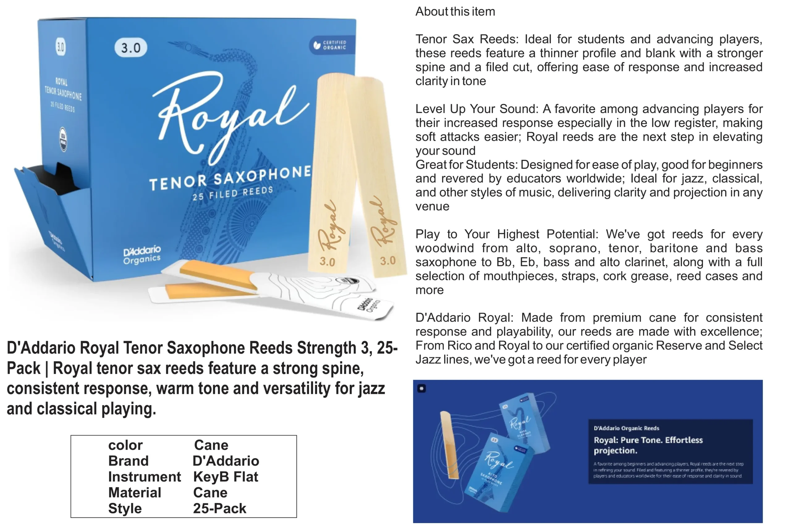 D'Addario Royal Tenor Saxophone Reeds Strength 3, 25- Pack