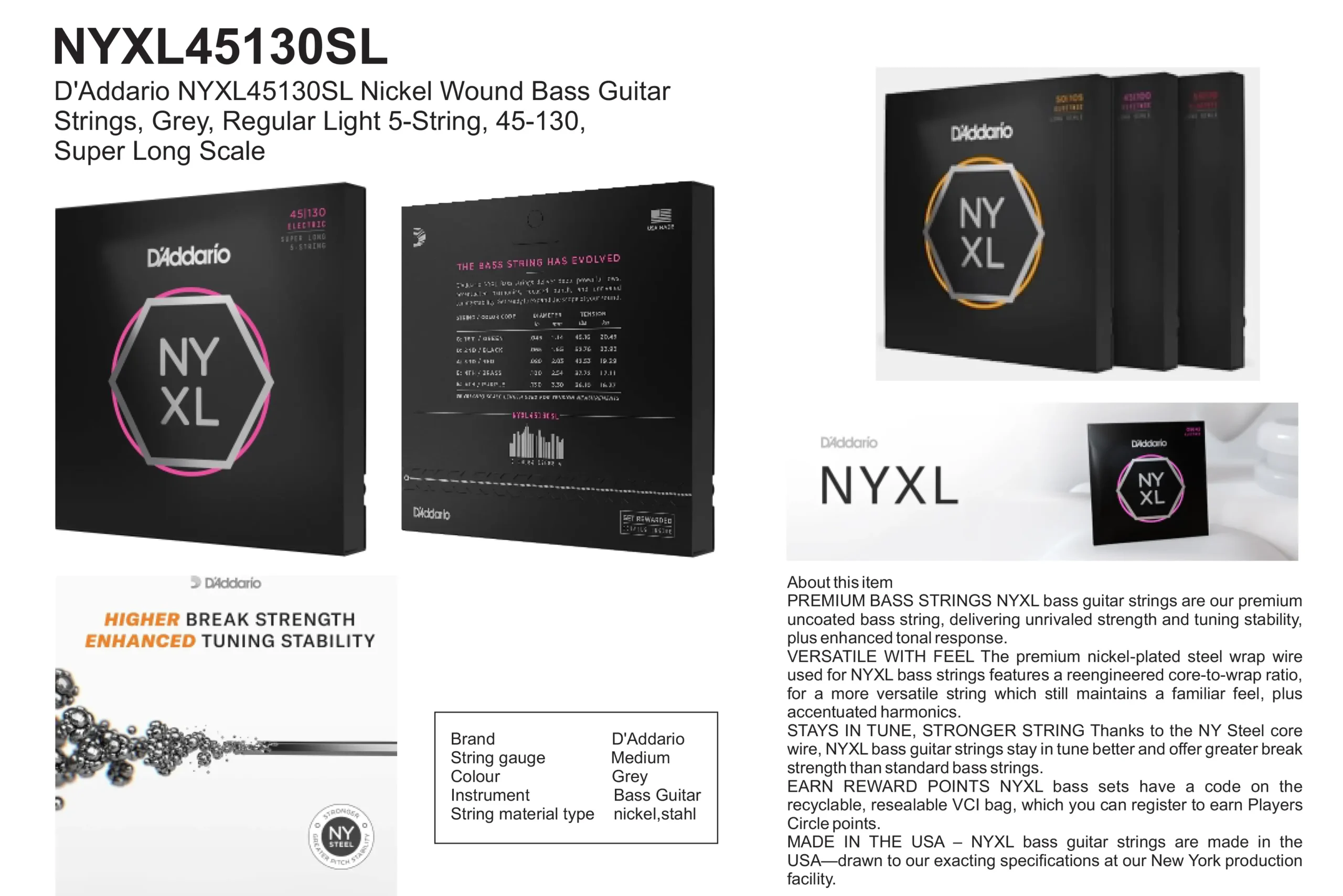 NYXL45130SL D'Addario NYXL45130SL Nickel Wound Bass Guitar Strings 5-String