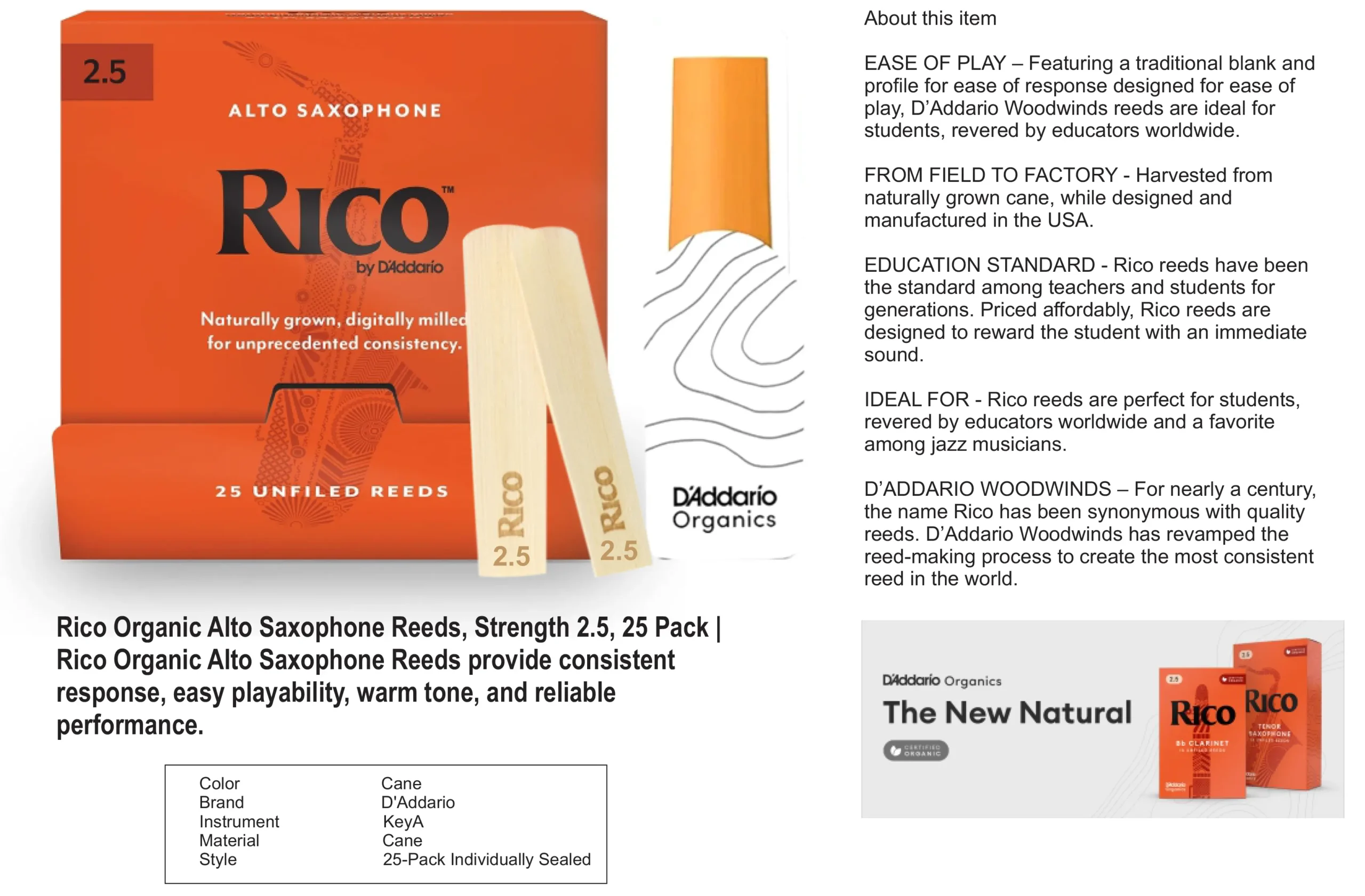 Rico Organic Alto Saxophone Reeds, Strength 2.5, 25 Pack