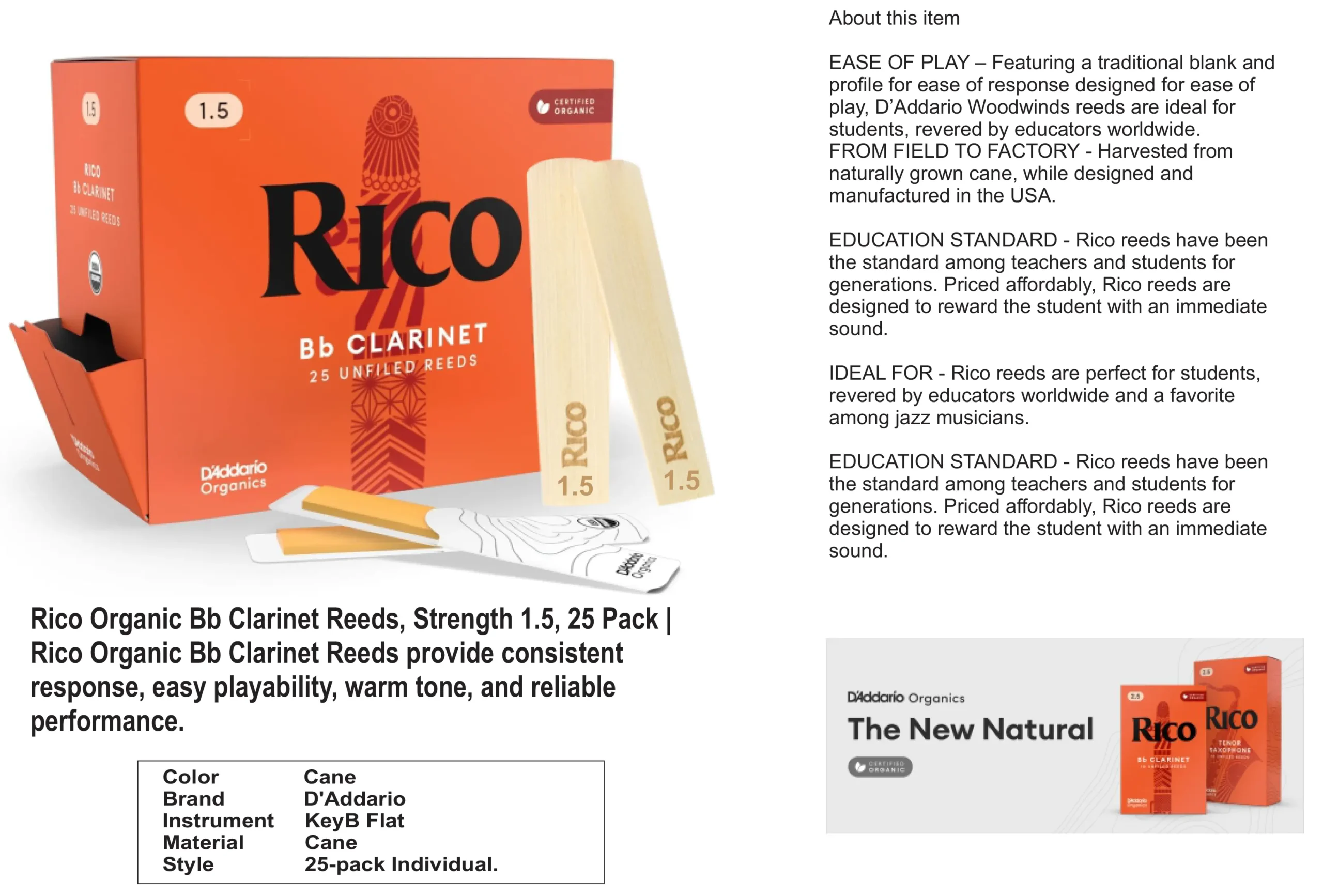 Rico Organic Bb Clarinet Reeds, Strength 1.5, 25 Pack