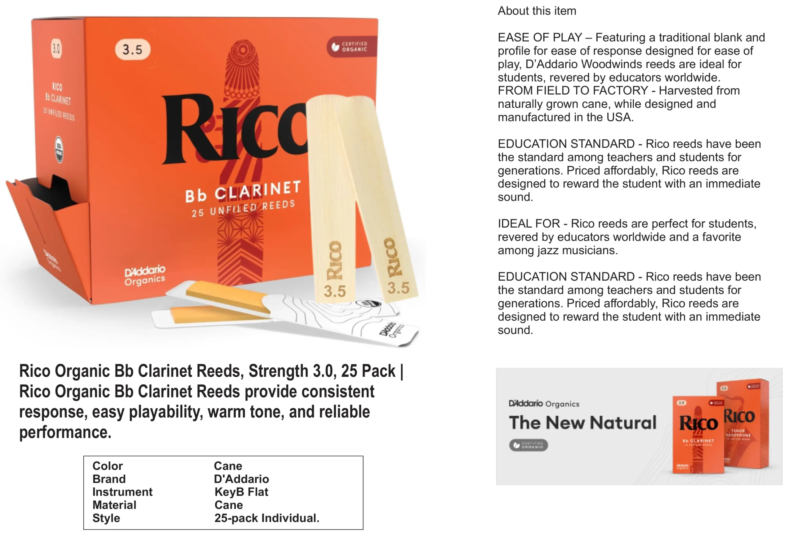 Rico Organic Bb Clarinet Reeds, Strength 3.0, 25 Pack