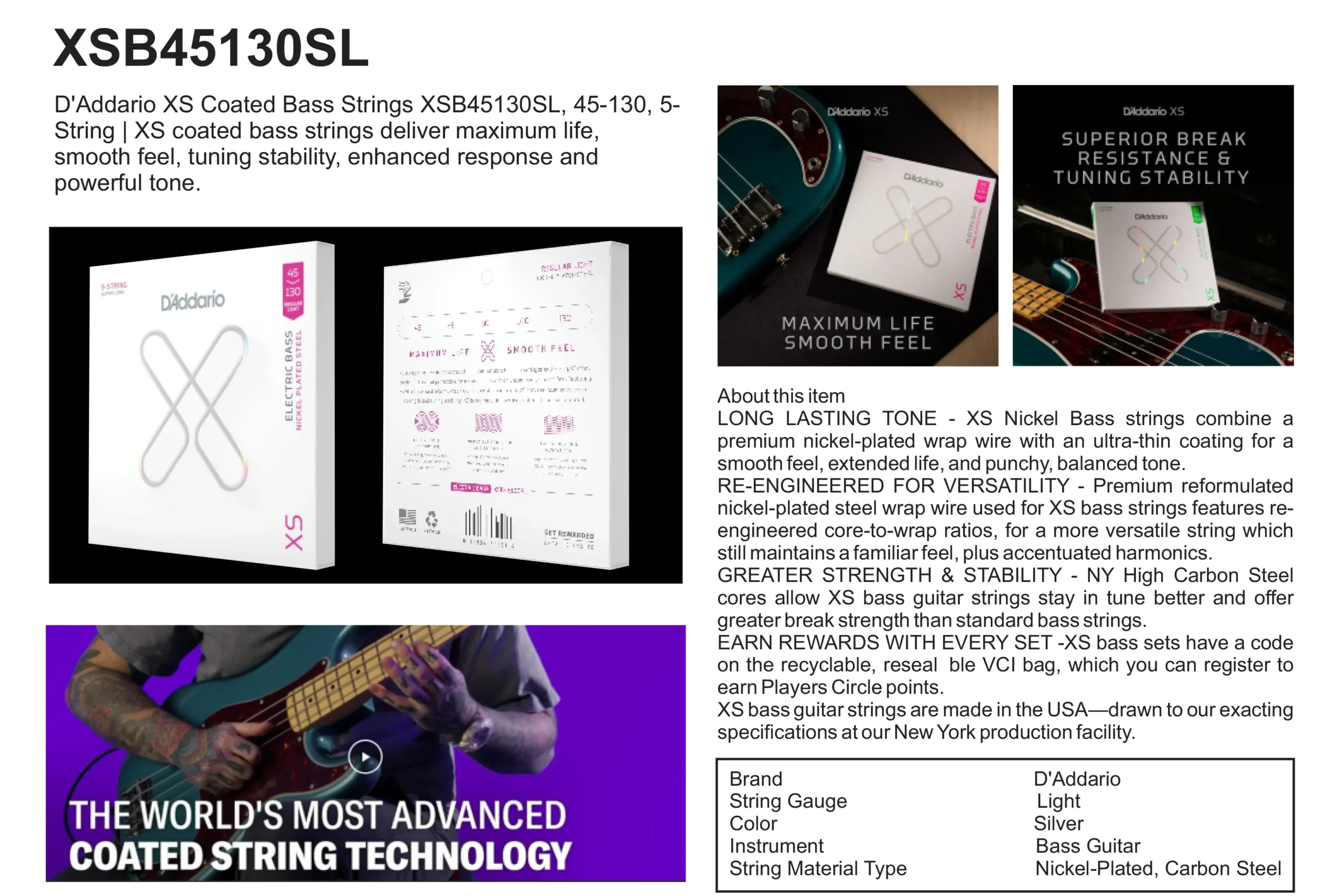 XSB45130SL D'Addario XS Coated Bass Strings XSB45130SL, 45-130, 5- String