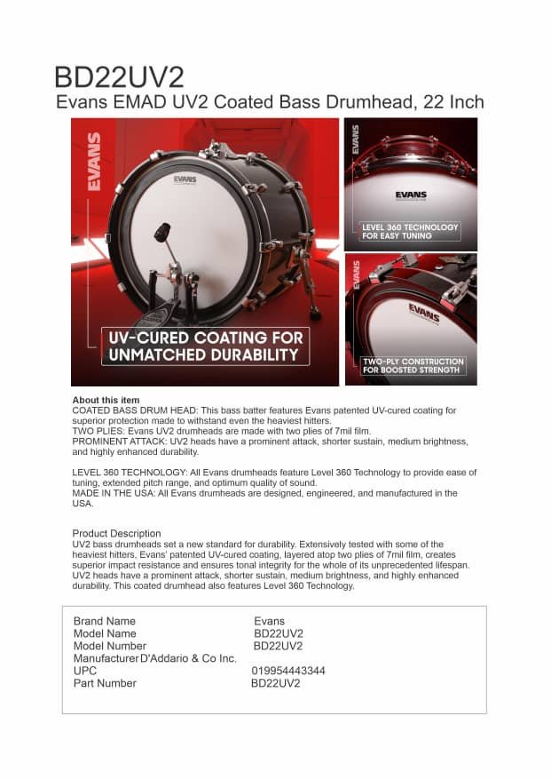 BD22UV2 Evans EMAD UV2 Coated Bass Drumhead, 22 Inch