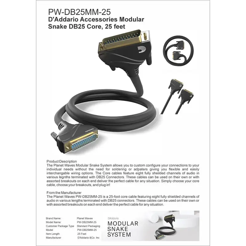 PW-DB25MM-25 D'Addario Accessories Modular Snake DB25 Core, 25 Feet