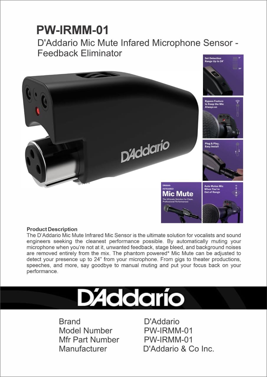 PW-IRMM-01 D'Addario Mic Mute Infrared Microphone Sensor Feedback Eliminator