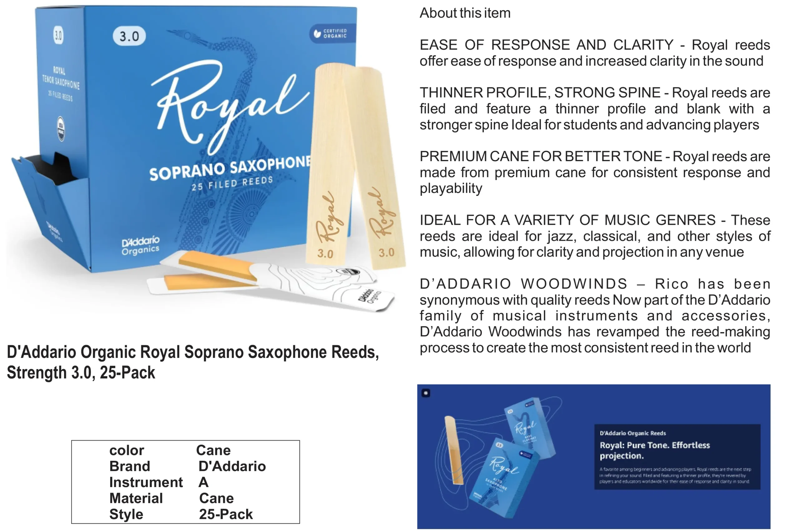 D'Addario Organic Royal Soprano Saxophone Reeds, Strength 3.0, 25-Pack