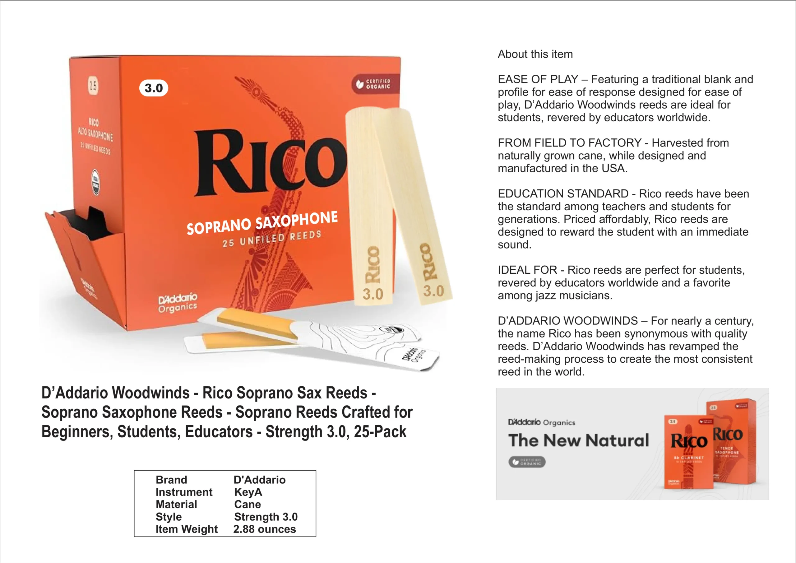 D’Addario Woodwinds - Rico Soprano Sax Reeds - Soprano Saxophone Reeds - Soprano Reeds Crafted for Beginners, Students, Educators - Strength 3.0, 25-Pack