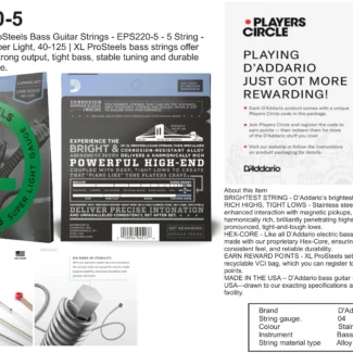 EPS220-5 D'Addario XL ProSteels Bass Guitar Strings - EPS220-5 - 5 String
