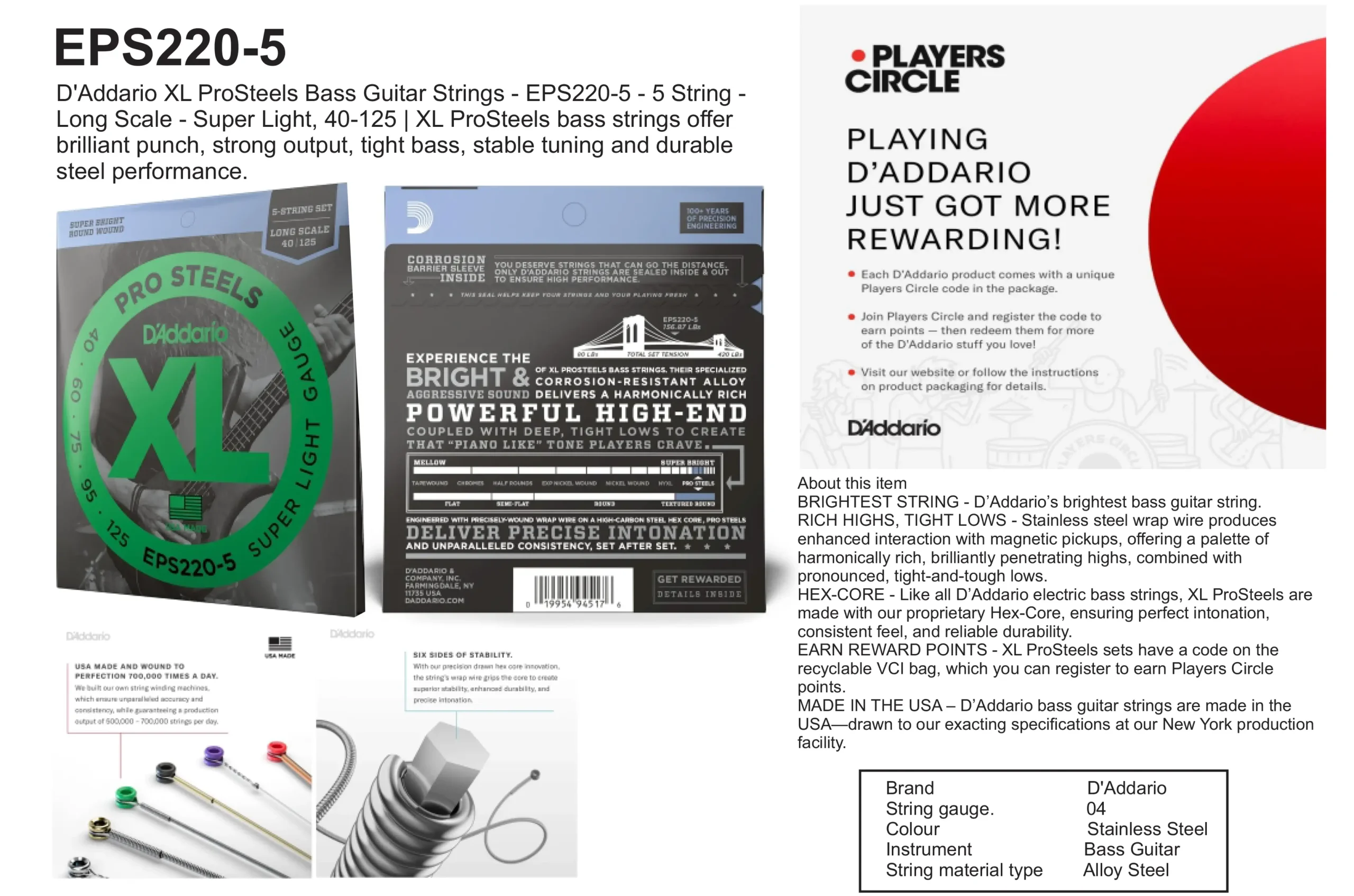 EPS220-5 D'Addario XL ProSteels Bass Guitar Strings - EPS220-5 - 5 String