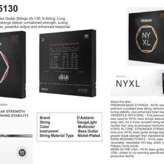 NYXL45130 D'Addario NYXL Bass Guitar Strings 45-130, 5-String
