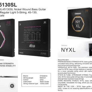 NYXL45130SL D'Addario NYXL45130SL Nickel Wound Bass Guitar Strings 5-String