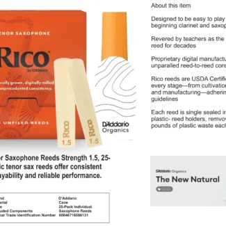 D’Addario Woodwinds Alto Saxophone Reeds, #1.5, 25-Count Single Reeds