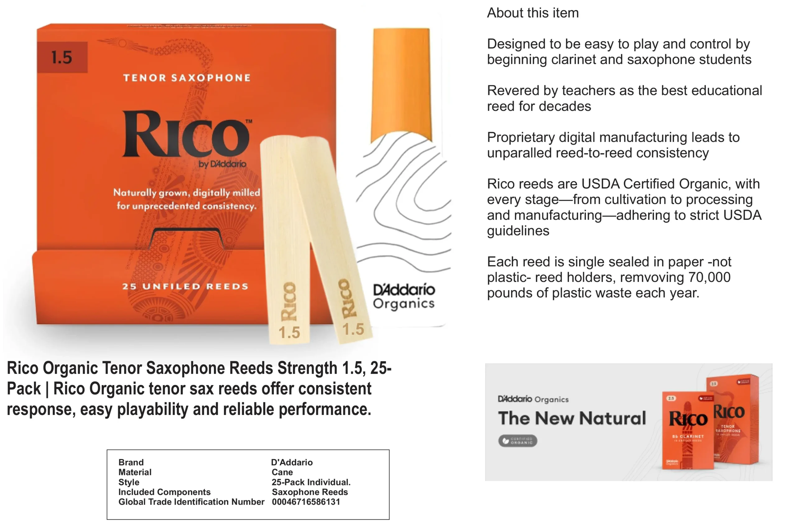 D’Addario Woodwinds Alto Saxophone Reeds, #1.5, 25-Count Single Reeds