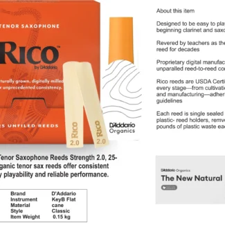 Rico Organic Alto Saxophone Reeds, Strength 2.0, 25 Pack