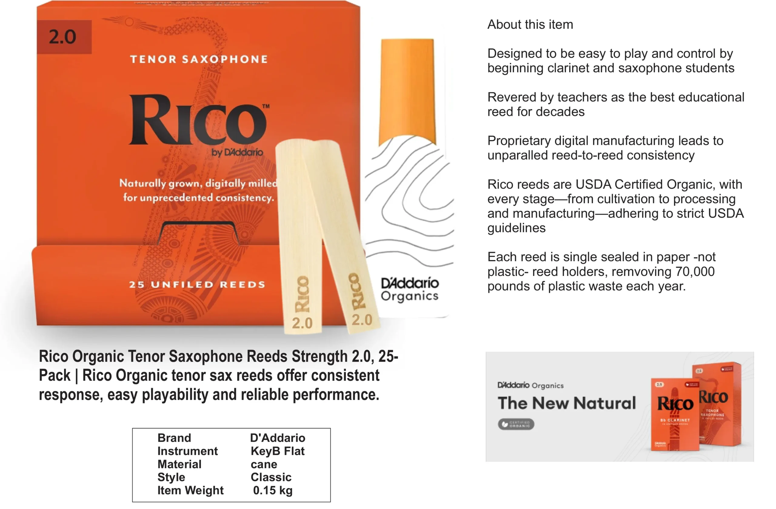 Rico Organic Alto Saxophone Reeds, Strength 2.0, 25 Pack